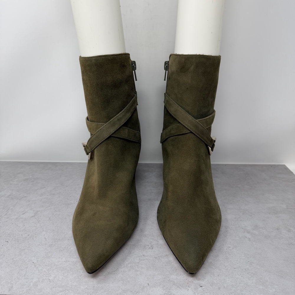 White House Black Market Olive Green Suede Ankle Boots Size 10 - Picture 4 of 12